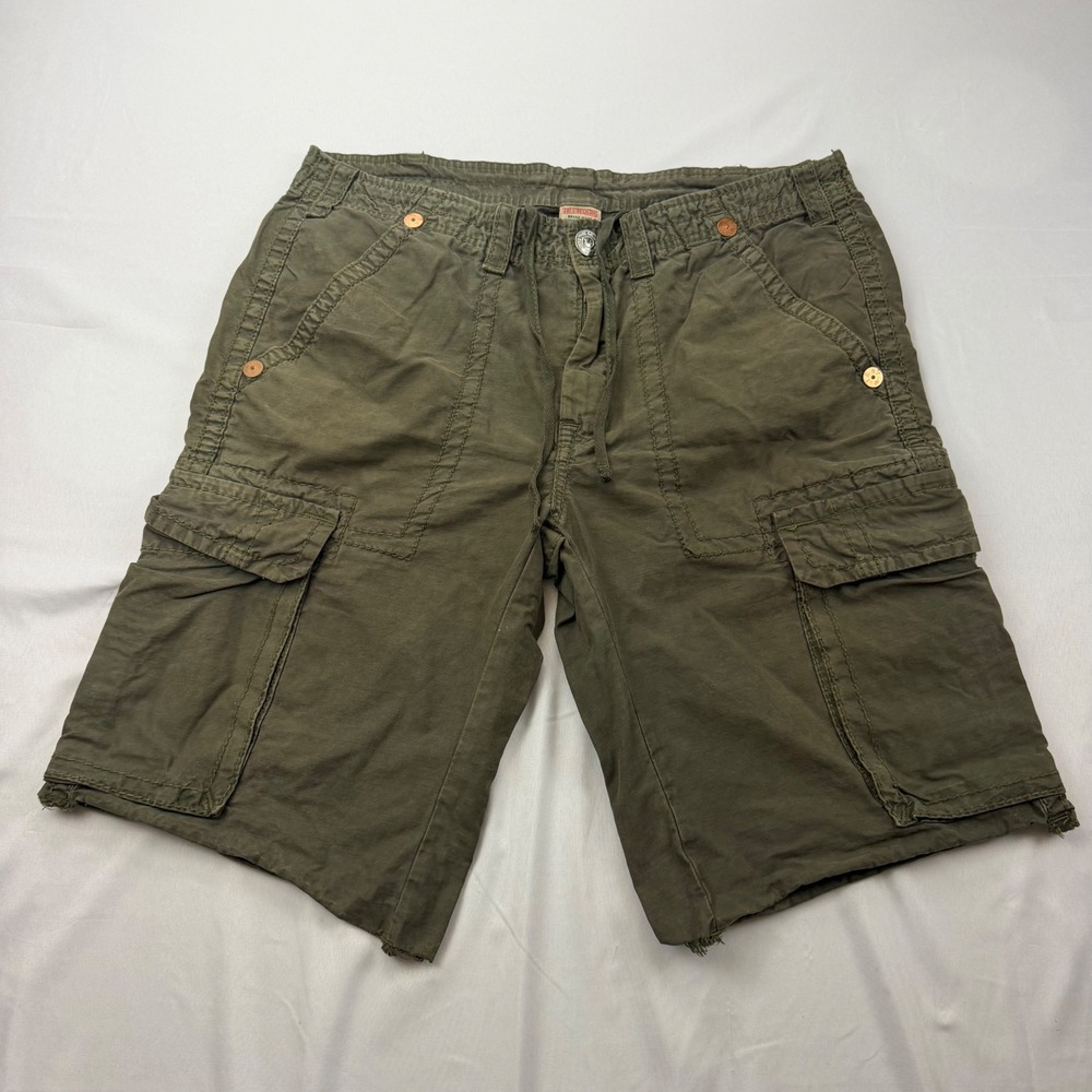 True Religion Cargo Shorts Mens 36 Green Horseshoe Stitch Drawstring Cotton